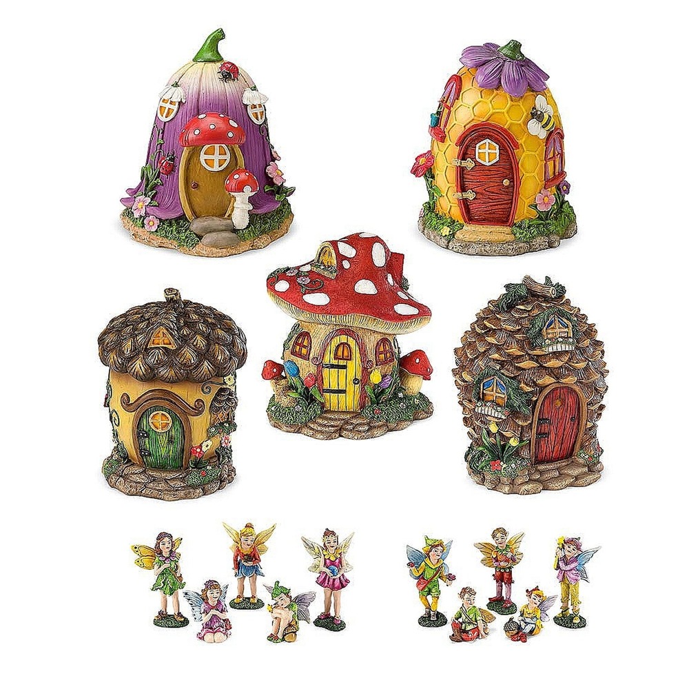 HearthSong Fantastical Fairy Village Set 5 Houses 10 Fairies Resin New